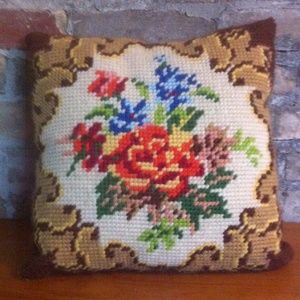 Vintage Cross Stitched Flower Pillow